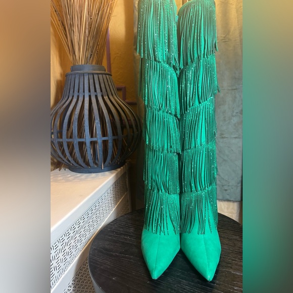 NWOT - Green dressy rhinestone Fringe boots - Picture 7 of 10